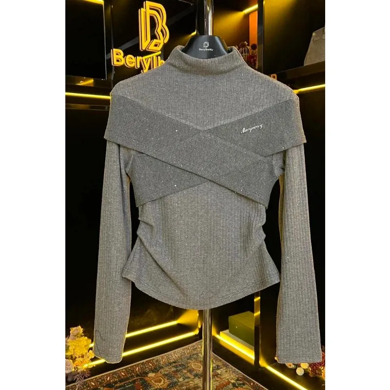 

French Cross-stitched Half-high Neck Long-sleeved T-shirt for Women 2025 Autumn and Winter New Fashionable Versatile Top