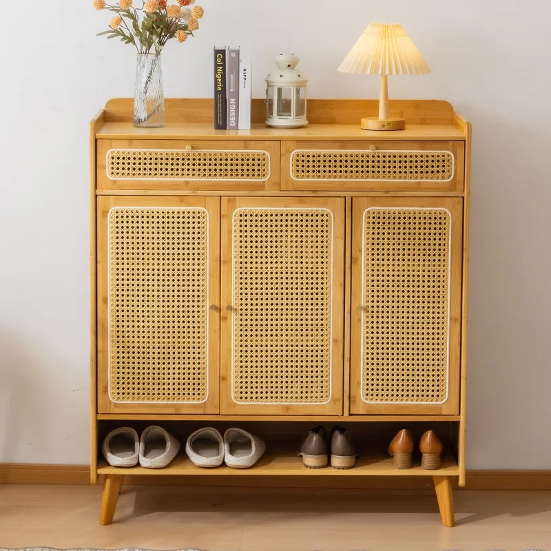 Nordic rattan shoe cabinet, living room entry home door locker, large capacity simple entrance storage, shoe rack with draw