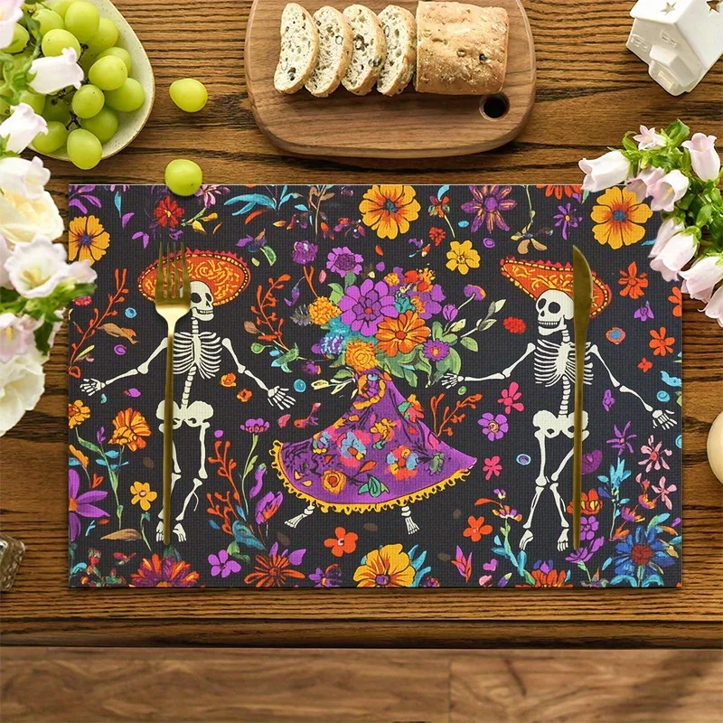 4pcs Mexican Day of the Dead Printed Placemats Washable Place Mats for Dining Table Kitchen Holiday Parties Rectangle Design