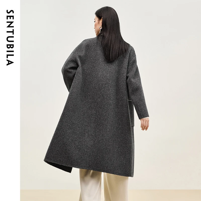 SENTUBILA Korean Style 100% Wool Coat Women 2024 Winter Oversize Double Sided Turn Down Collar Big Pockets Overcoat W44O56662