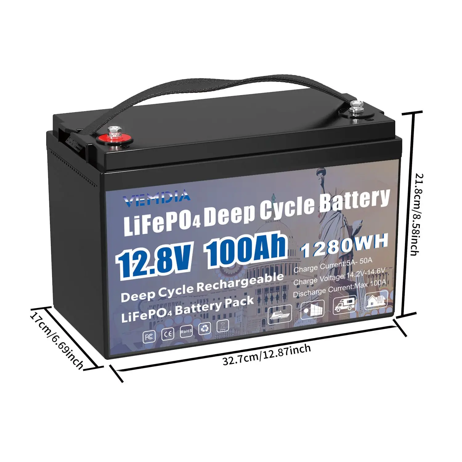 12V 100 AH, Marine Rechargeable Battery, High Self-Discharge Rate 800A Current, for Solar Marine Off-Grid Backup Battery System