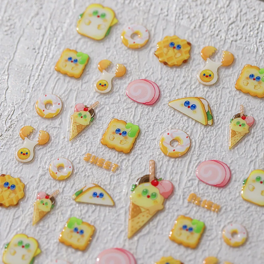 Lovely Sandwiches Donuts Ice Cream Cartoon 5D Embossed Reliefs Self Adhesive Nail Art Stickers Cute Desserts Manicure Decals