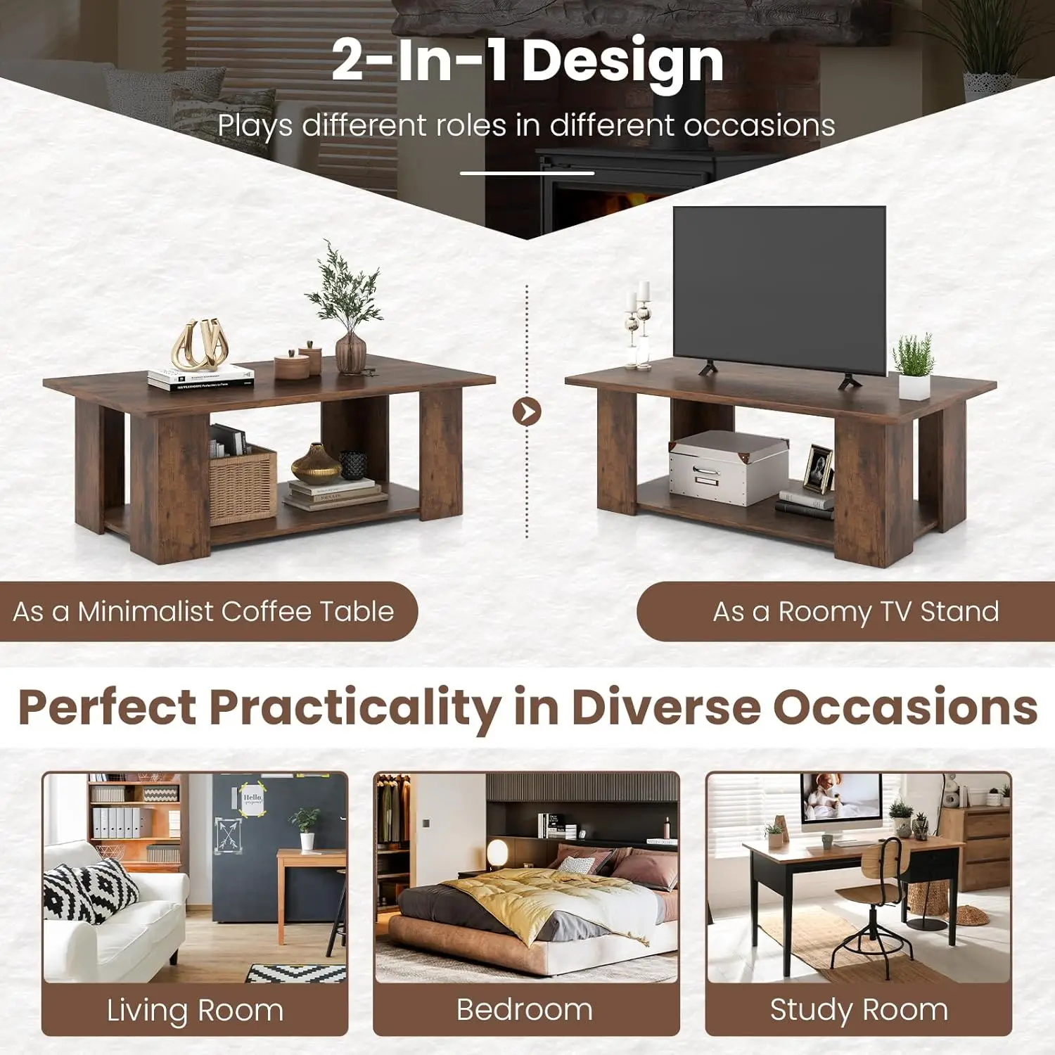 Goflame Coffee Table With Storage, Modern Sofa Side Center Table For Small Space, Accent Tv Stand For Living Room, Reception