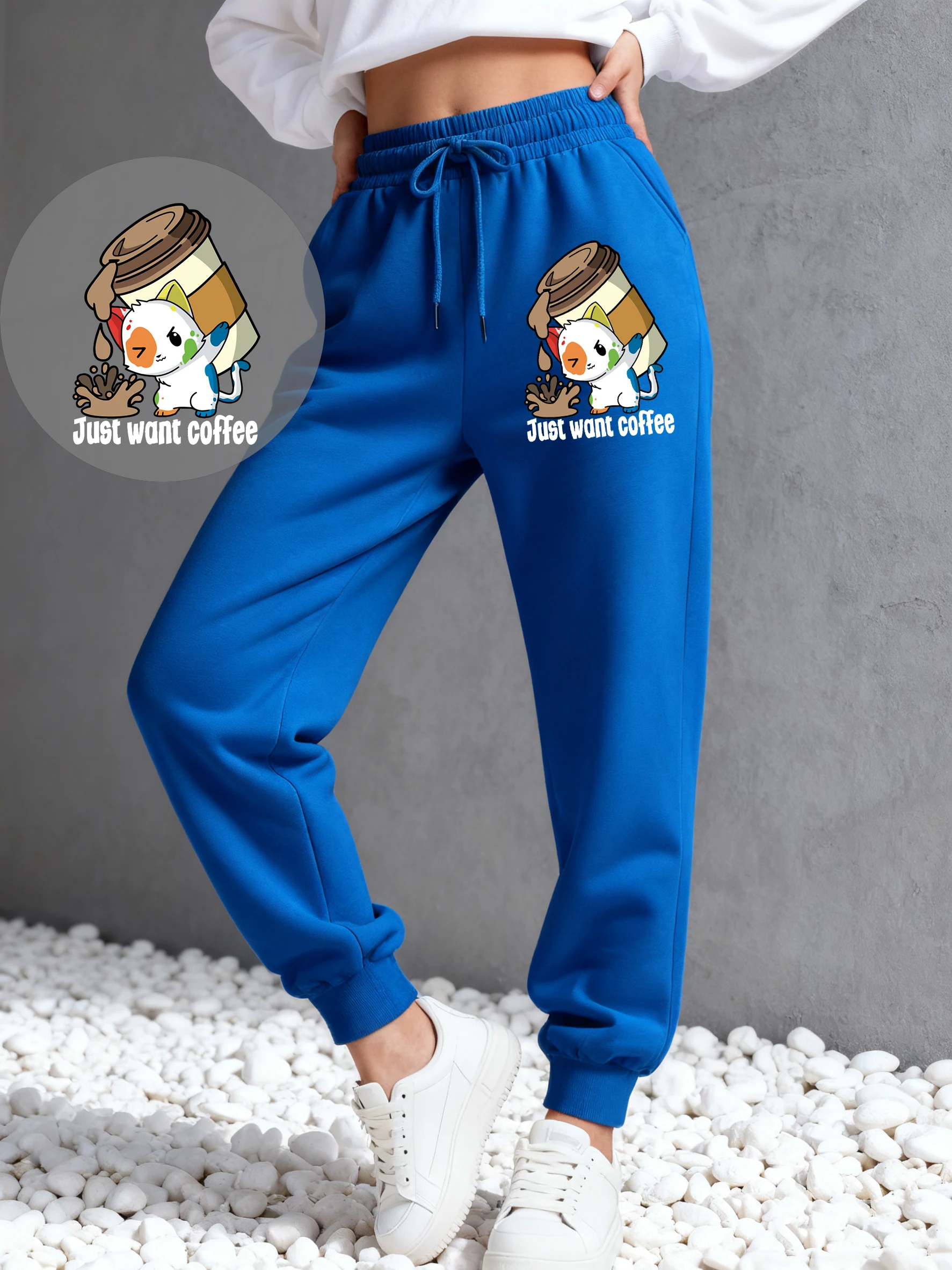 Just Want Coffee Colorful Cat Pattern Jogging Pants Woman Autumn Fleece Sweatpants Multicolor Trousers Y2K Hip Hop Clothing