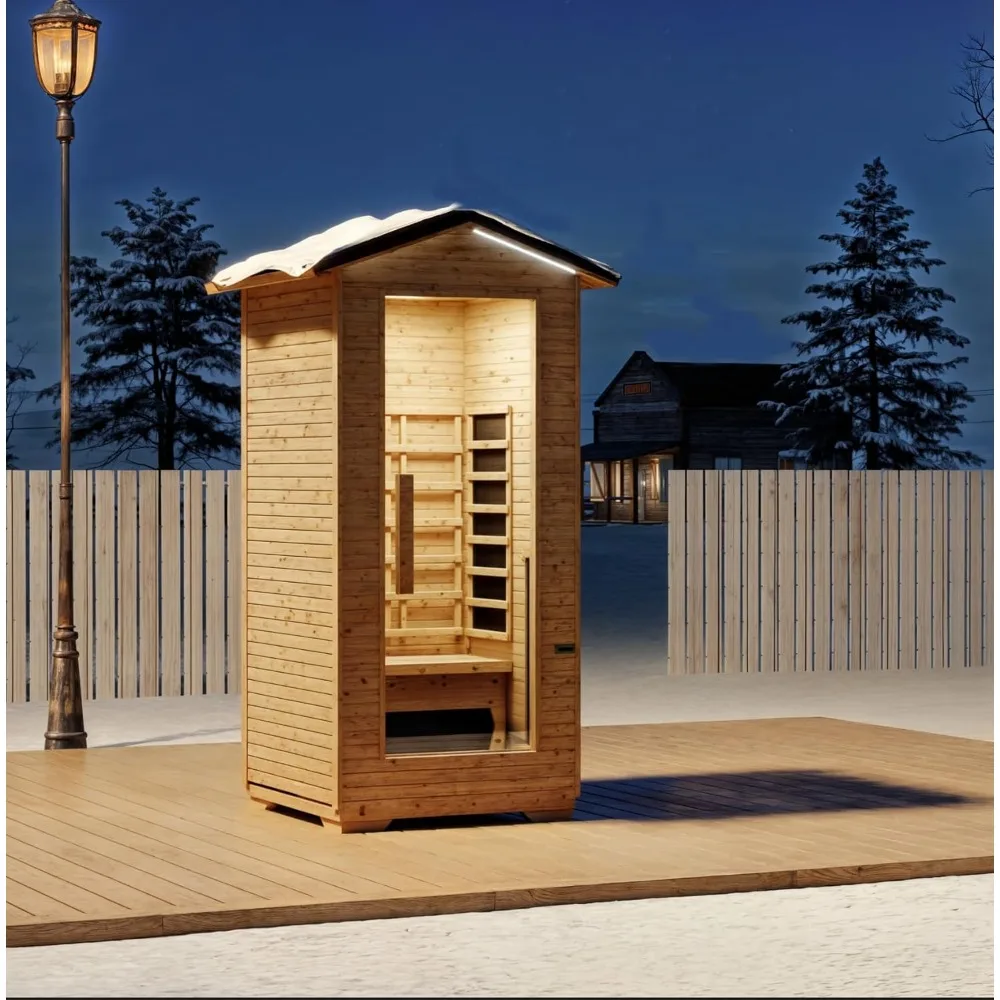 

1 Person Outdoor Infrared Sauna - 3D Fast Heating Home Spa Sauna w/Chromotherapy Light, Wooden Sauna Room