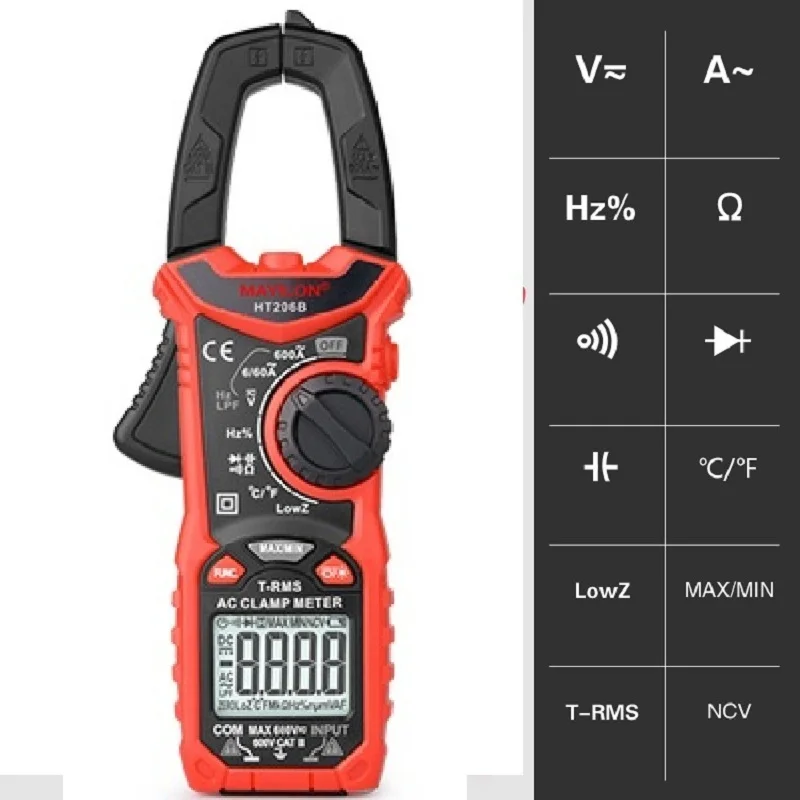 Mayilon  HT206A HT206B HT206D 600A Digital Clamp Meter for Measuring AC/DC Voltage Current NCV Temperature Voltmeter Multimeter