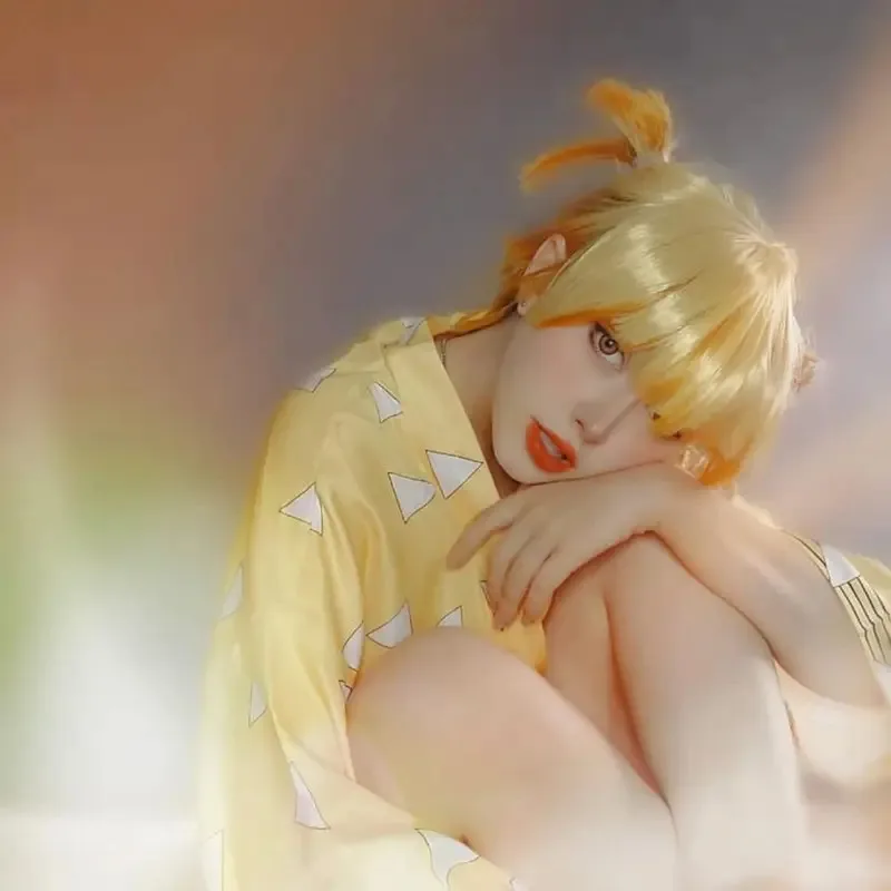 Peluca Zenitsu, peluca corta amarilla para Demon Slayer, peluca naranja ombré, peluca de Cosplay para peluca sintética para fiesta de Halloween, Cosplay