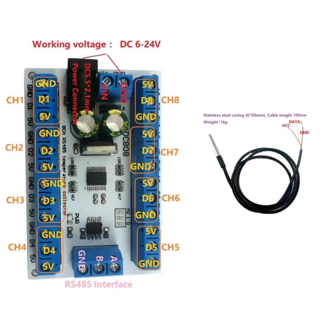 DC 12V R4DCB08 8 CH DS18B20 RS485 Temperature Sensor Remote Acquisition Monitor Digital Thermometer Module PLC Configuration