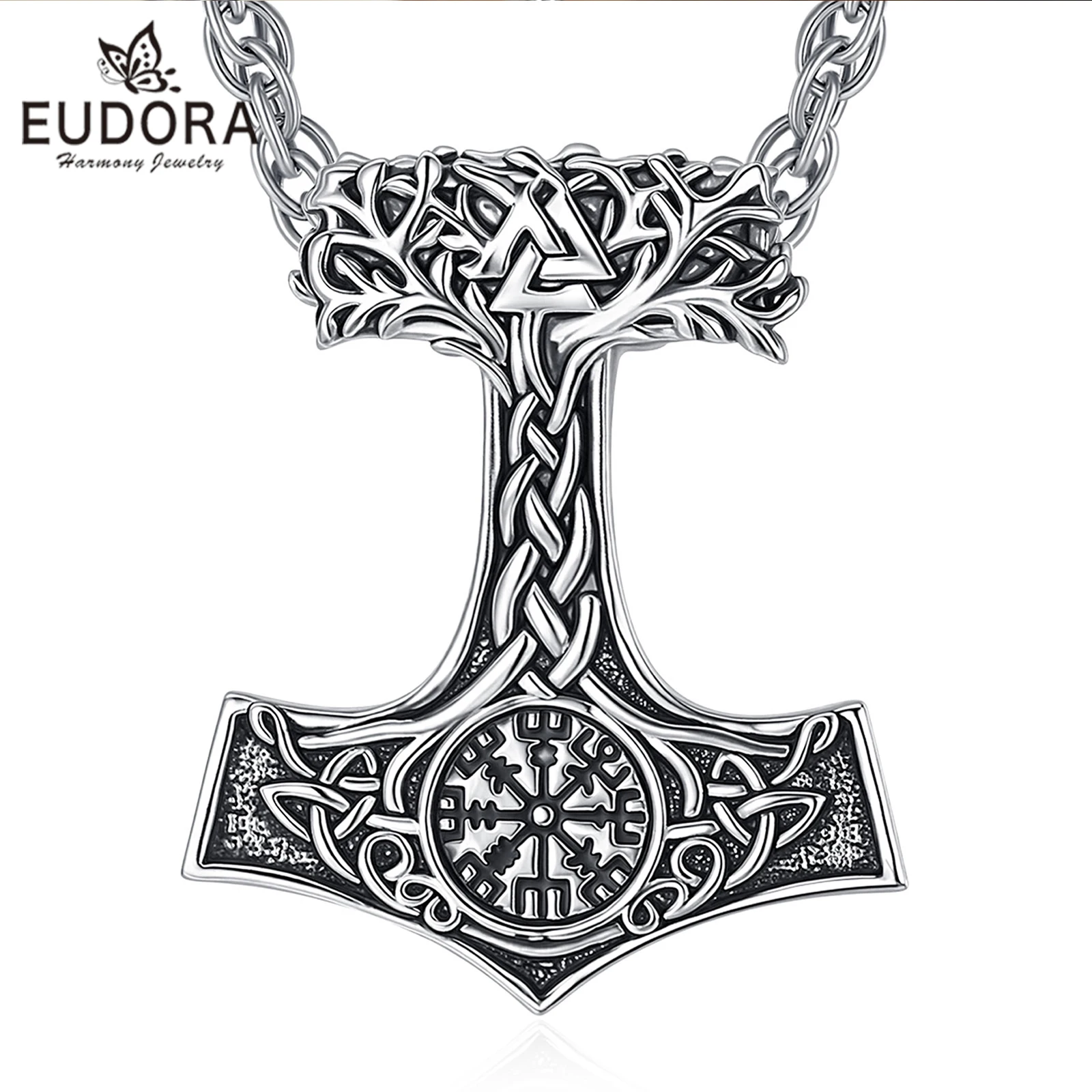 Eudora Kupfer Mjölnir Thors Hammer Halskette Wikinger-Kompass Yggdrasil Lebensbaum Anhänger Nordischer Heidnischer Schmuck Geschenk für Männer