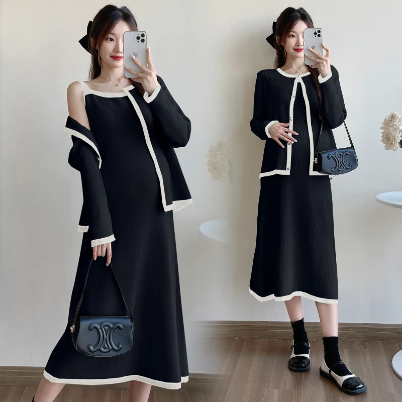 2024 Autumn and Winter Loose Maternity Knitted Dress Suits Long Sleeve Jacket Strap Dress Woman Twinset Office Lady Clothes Set