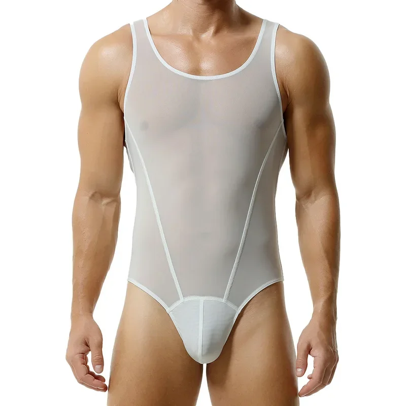 XXL Men Mesh Undershirts Leotard See Through Sissy Sheer Bodysuits T-back Thongs Silk Slip Jumpsuits Wrestling Singlet Underwear