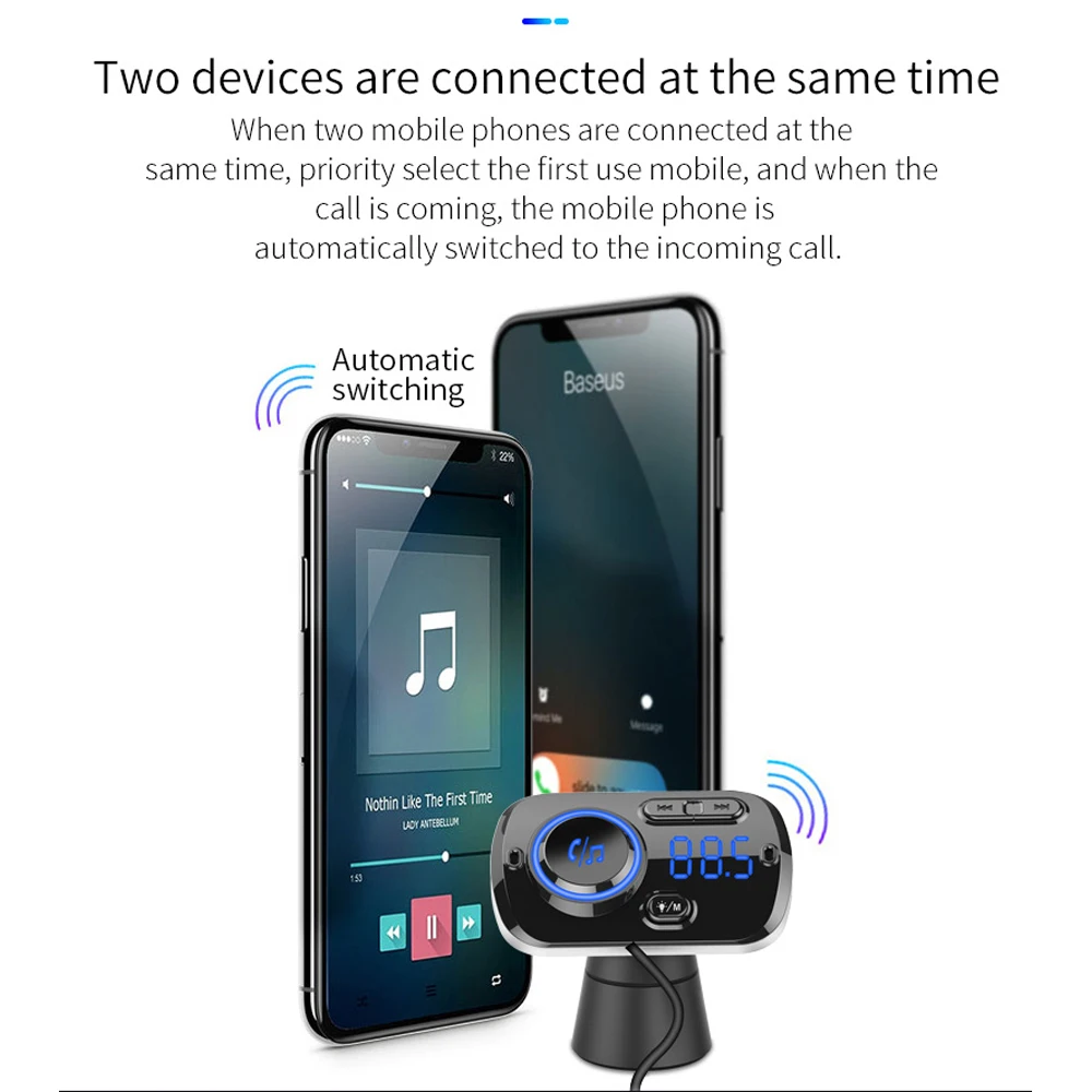 Podofo Wireless BT 5.0 Car FM Transmitter Dual Car Charger Fast Charging Wireless Connection Receiver Audio MP3 Player