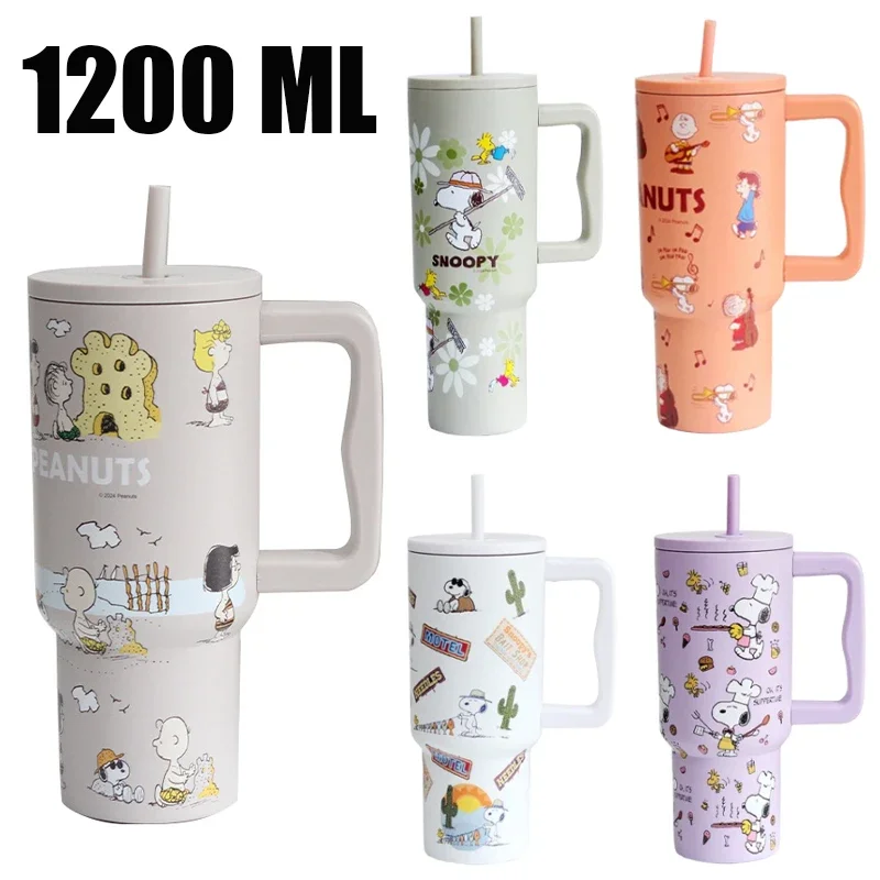 

1200 мл термосы Snoopy, мультяшный термос с ручкой, соломинка, 40 унций, нержавеющая сталь 304, вакуумная изоляция, дорожная чашка для льда