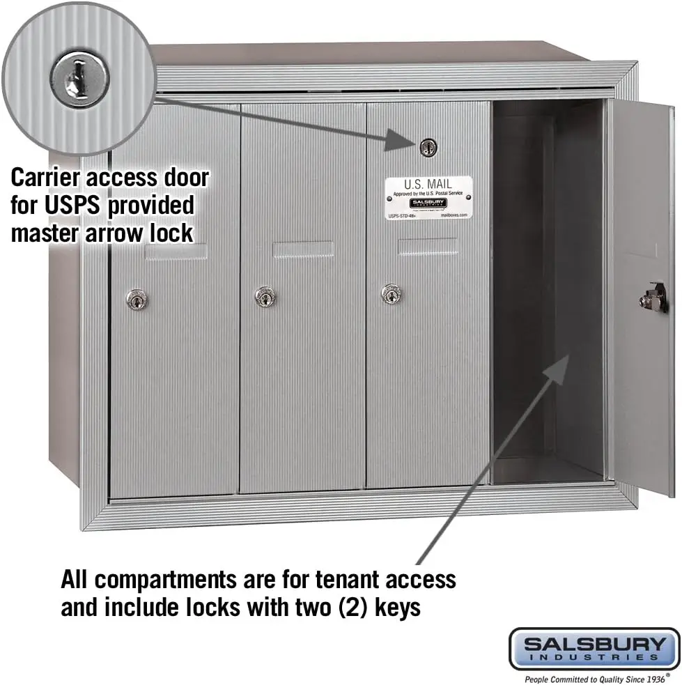 Industries 3504ARU Recessed Mounted Vertical Mailbox with 4 Doors and USPS Access, Aluminum