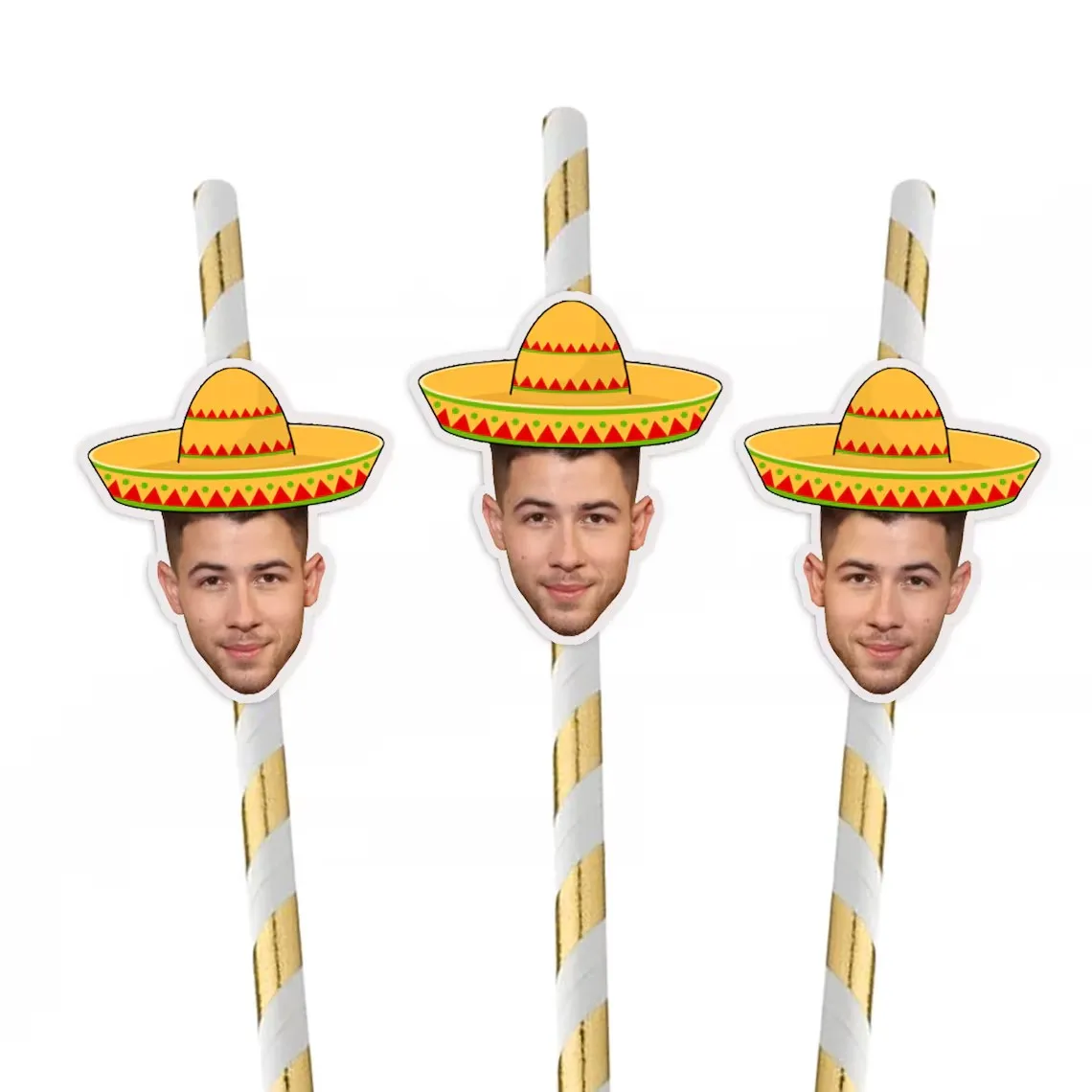 12 PCSGroom Face Wearing Sombrero Bachelorette Party Straws with Optional Confetti Package, Final Fiesta Sombrero Groom Head Dec