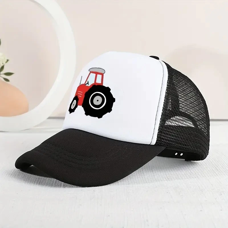 Casual Trendy Cartoon Tractor Mesh Stitching Cap Sun Protection Breathable Cap For Holiday Outdoor Traveling Boys And Girls