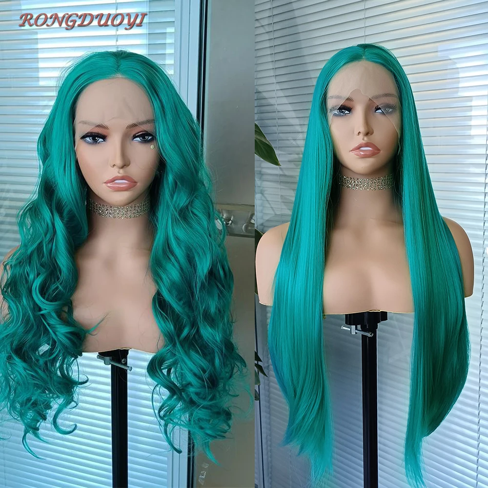 

RONGDUOYI Green Wig Long Silky Straight Synthetic Lace Front Wigs for Women Body Wave Heat Resistant Fiber Cosplay Daily Use