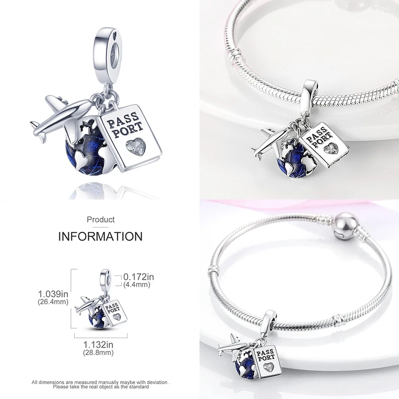 Hot Sale Airplane Suitcase Passport Three Piece Set Charm Bead Fit Pandach Bracelet Necklace Women Pendant Bead DIY Jewelry Gift