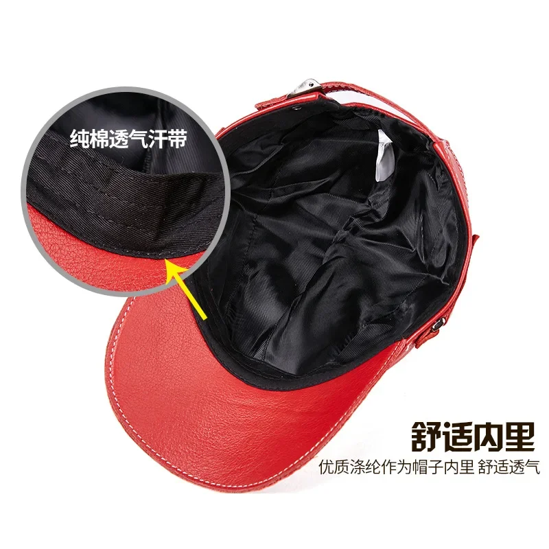 2026 Men's Genuine Leather Baseball Cap with Ear Flaps - Bright Red Top Grain Leather Peaked Hat for Winter Casual - view 4