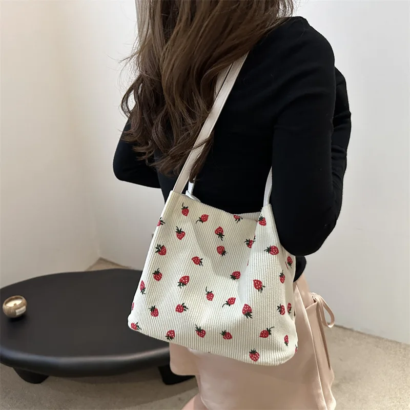 Lovely Strawberry Women's Shoulder Bag Large Capacity Female Corduroy Shopping Bags Travel Female Underarm Tote Handbags