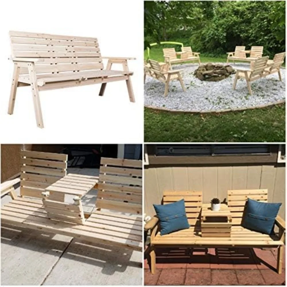 Fir Log Wood Patio Garden Bench with Foldable Table, Outdoor Wooden Porch 3-Seat Bench Chair for Garden Balcony