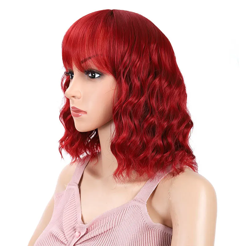 شعر مستعار نسائي قصير أحمر من MSIWIGS صناعي مع غرة على طراز بوب مموج للحفلات
