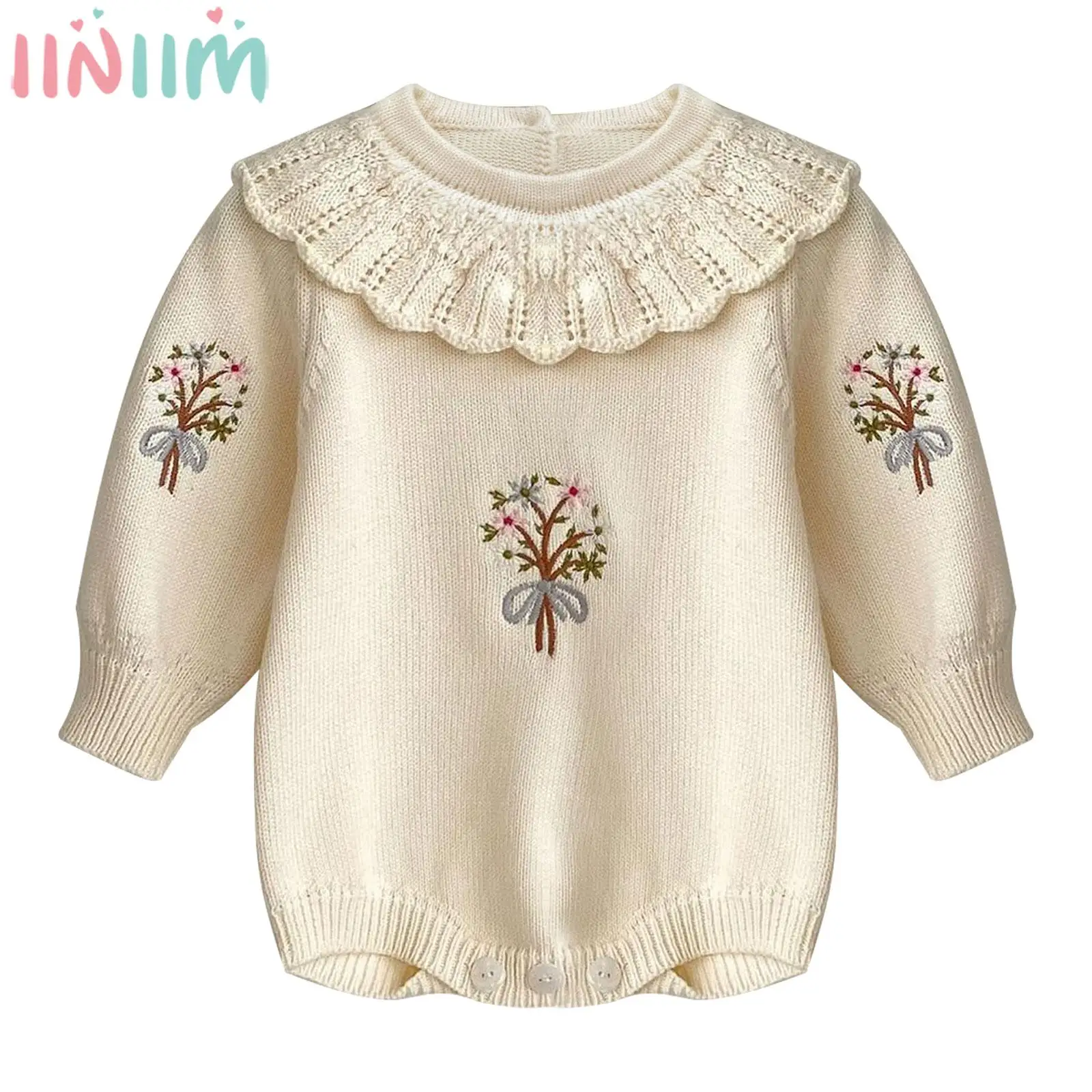 Baby Mädchen Baumwolle lässig Pullover gestrickt Stram pler Langarm Revers niedlichen Stickerei Bodysuit Frühling Herbst Kleidung täglich tragen