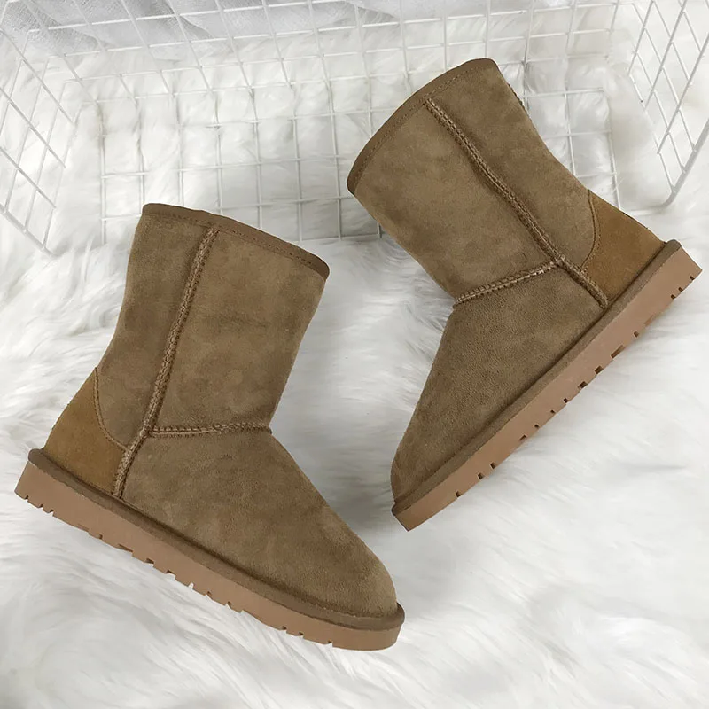 100% Natural Fur Woman Boots Slip-On Genuine Sheepskin Leather Winter Snow Boots Mid-Calf Real Wool Warm Shoes