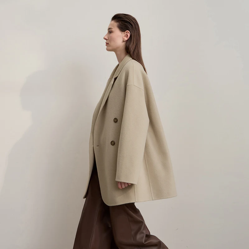 Amii abrigo de mujer 2025 invierno nueva chaqueta holgada de doble botonadura versátil para mujer abrigo de lana 100% de manga larga para mujer 12524036