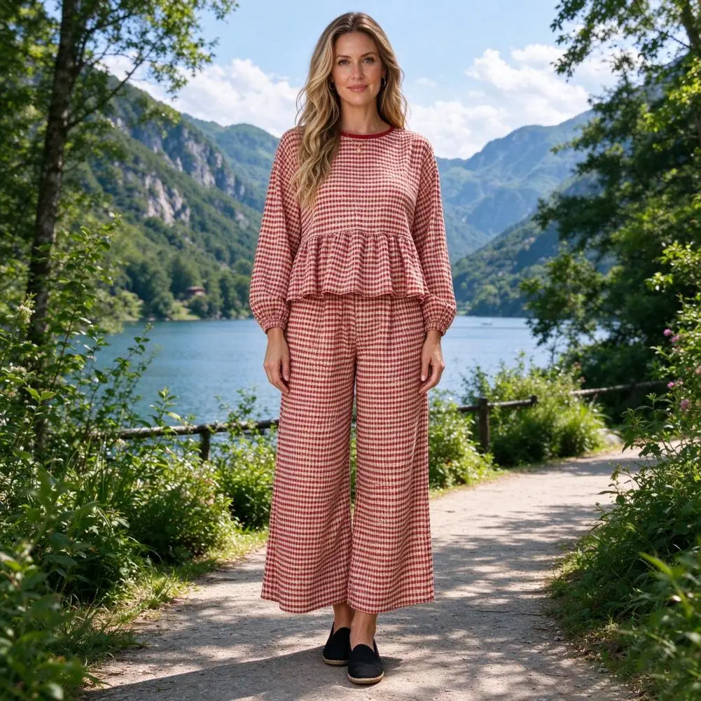 Lightweight Spring Outfits Women’s Two Piece Outfit Set Plaid Print Long Sleeve Top Loose Fit Pants for Spring for Women