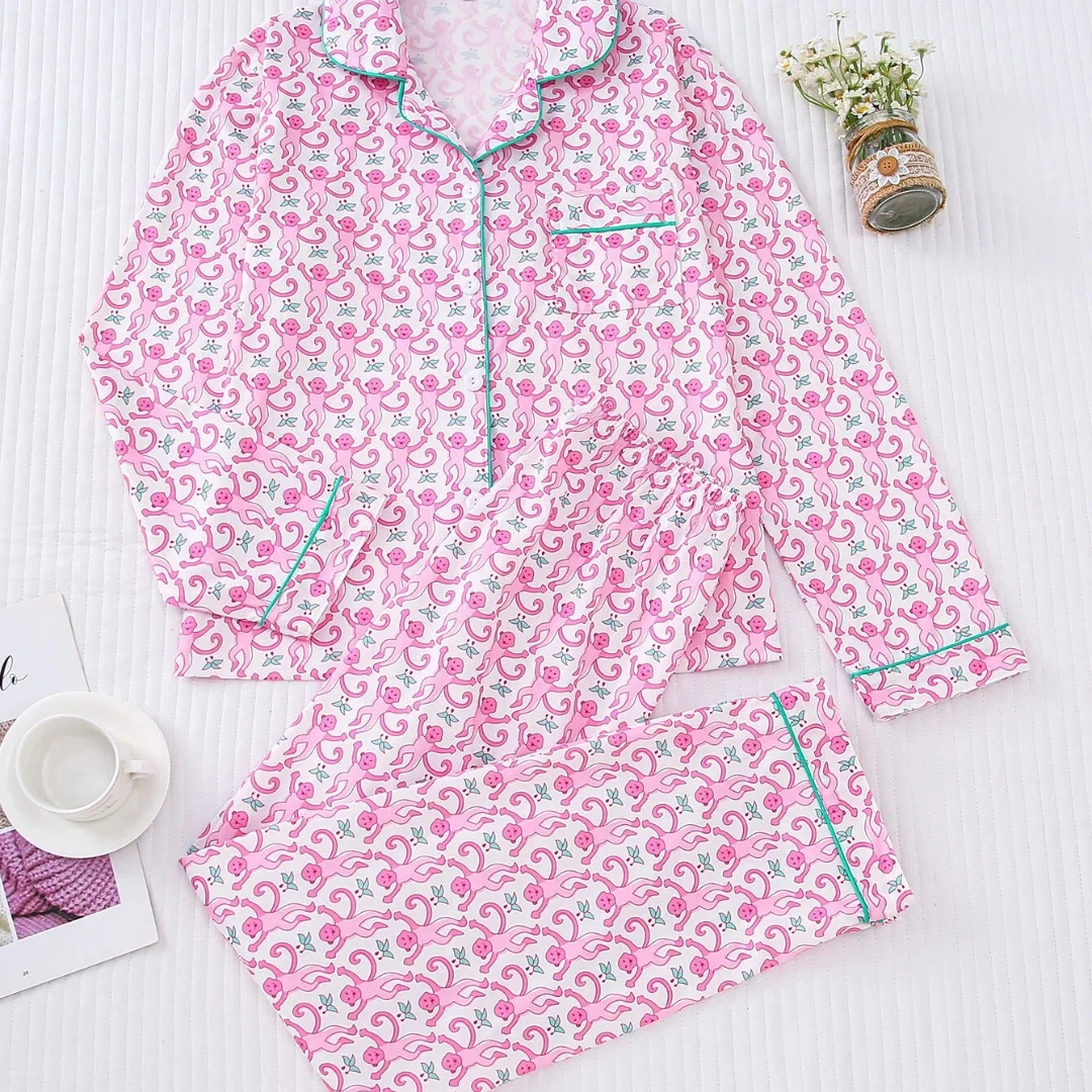 

Комплект домашней одежды на День святого Валентина: розовая пижама с воротником-дьявольским лапельником, длинные рукава и брюки. Подарок для женщин.