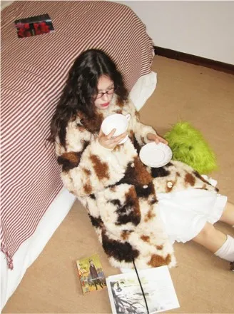 Mid-length Thicken Lapel Faux Fur Jacket Cow Print White Brown Single-breasted Fluffy Plush Coat Women Casual Chic Lady Overcoat