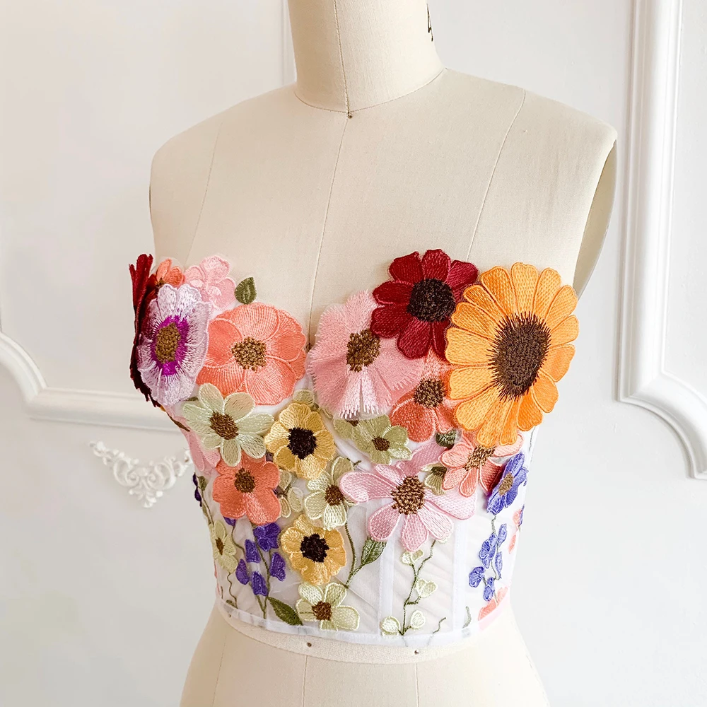 Bestickte bunte Blumen Korsett Croptop Bustier schiere Schnürung konstruierte florale Tan Tube Tops