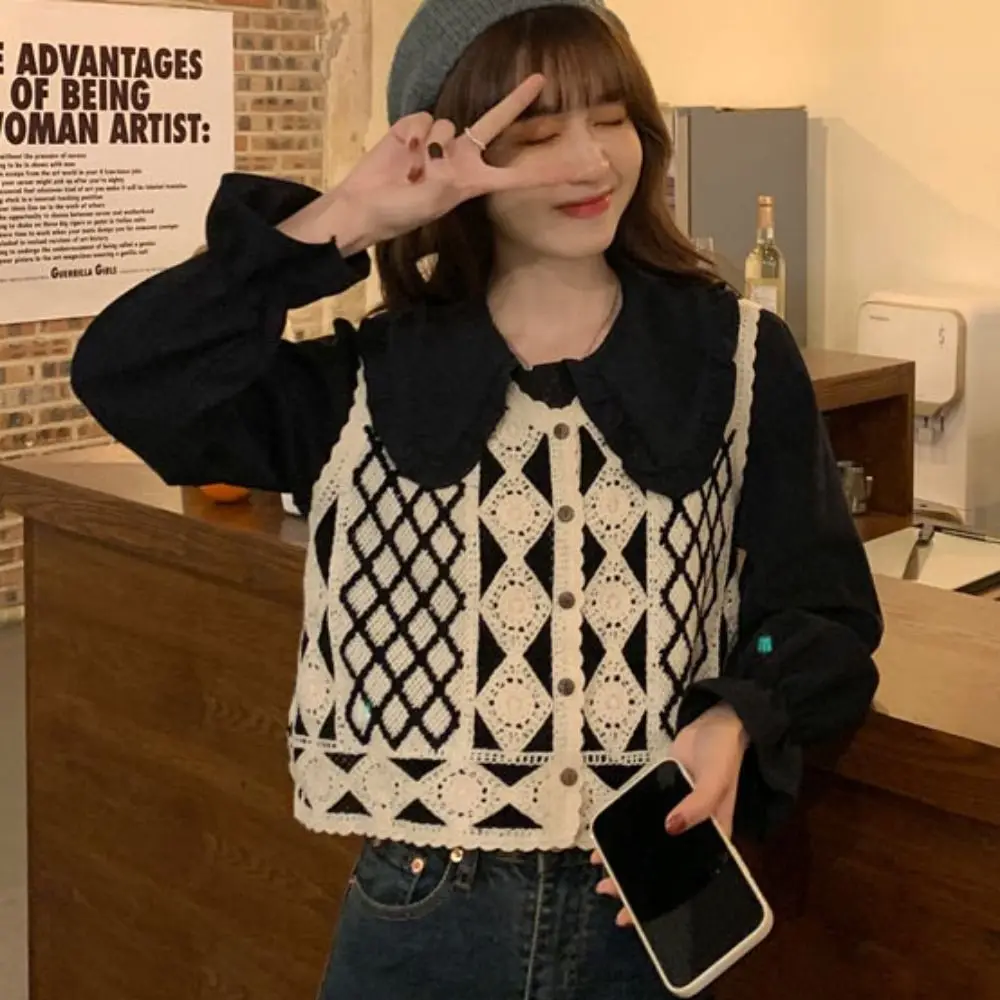 Sulaman Hollow keluar Crochet Crop Top rompi bergaris Cardigan rajutan renda Sweater rompi gaya Korea Patchwork