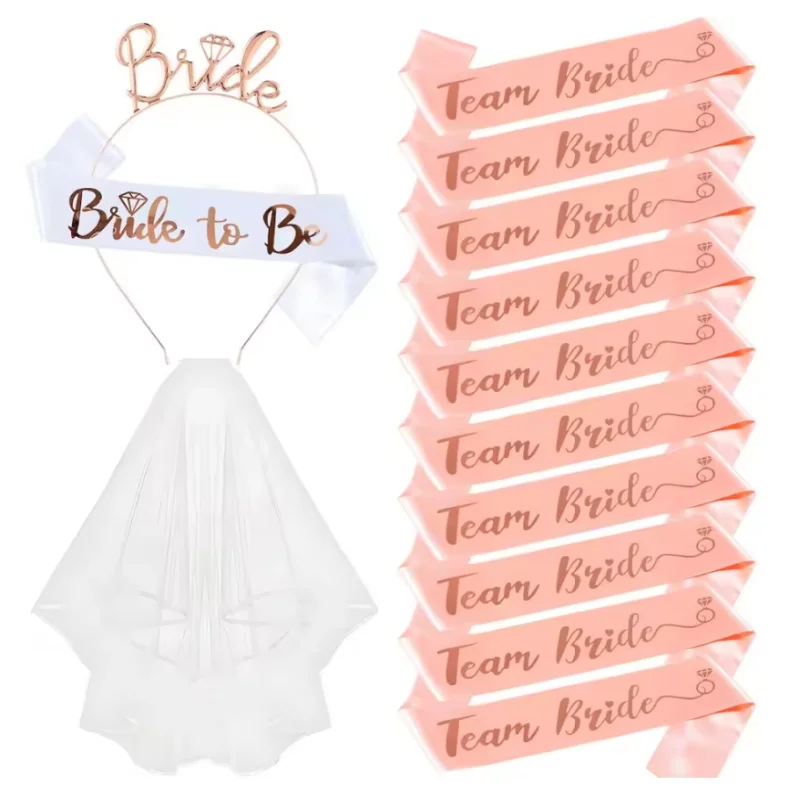 Set 13 pezzi di articoli per feste di addio al nubilato, fascia in raso e velo per la futura sposa e la squadra della sposa, per decorazioni di addio