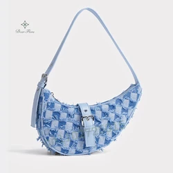 Y2K Vintage Denim Shoulder Bag Half Moon Saddle Bag Harajuku Women Underarm Bag Fashion Handbags Casual Ladies Purses Cowboy Bag