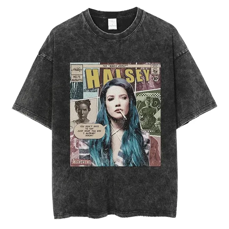 

High Street Fashion Halsey Graphic T Shirt Men Women Retro Clothes Tops Quality Cotton Vintage Oversized Black Short Sleeve Tees