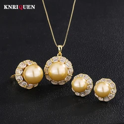 Luxury 12-16mm Pale Gold Color Pearl Lab Diamond Pendant Necklace Ring Earrings Women Party Jewelry Sets Elegant Birthday Gift