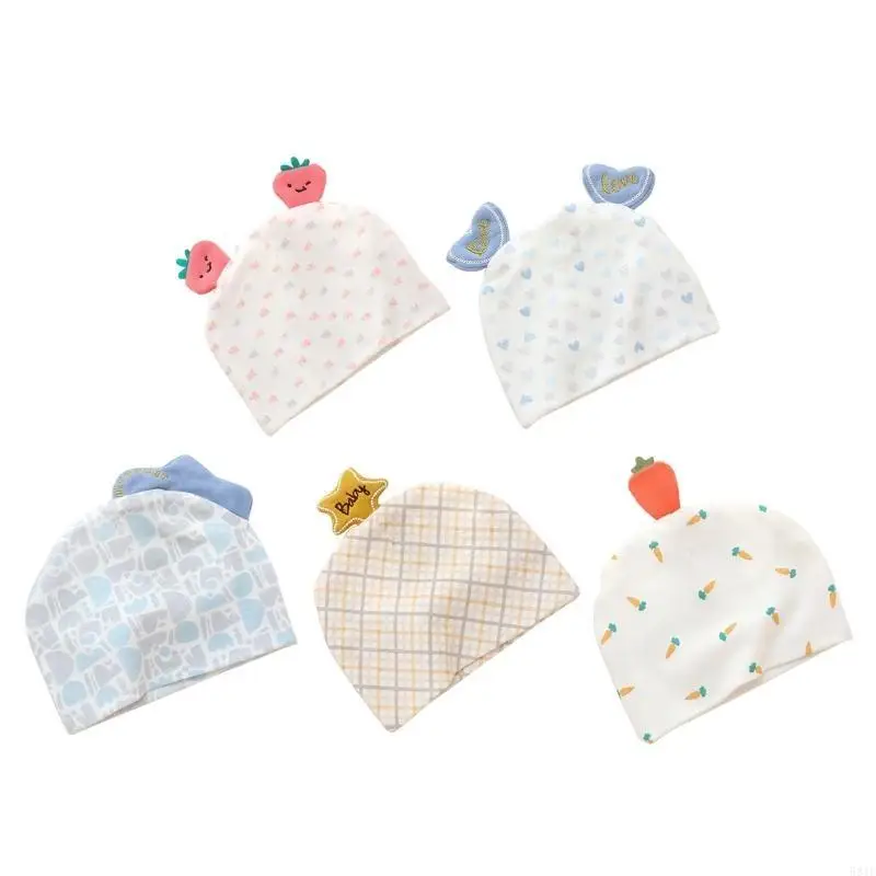 581F Infant Baby Hospital Hat Newborn Ear Boneless Muslin Hat for Infant 0-3M Lovely Print Breathable Baby Hat