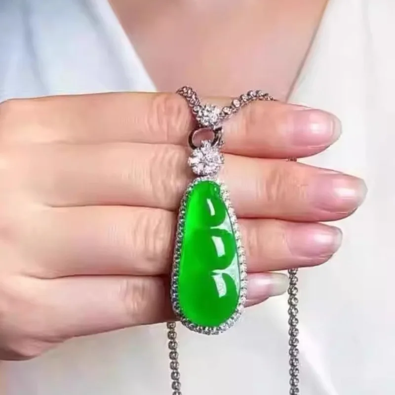 Myanmar ice fortune pendant, full color sunny green  auspicious four-season bean jade ornament