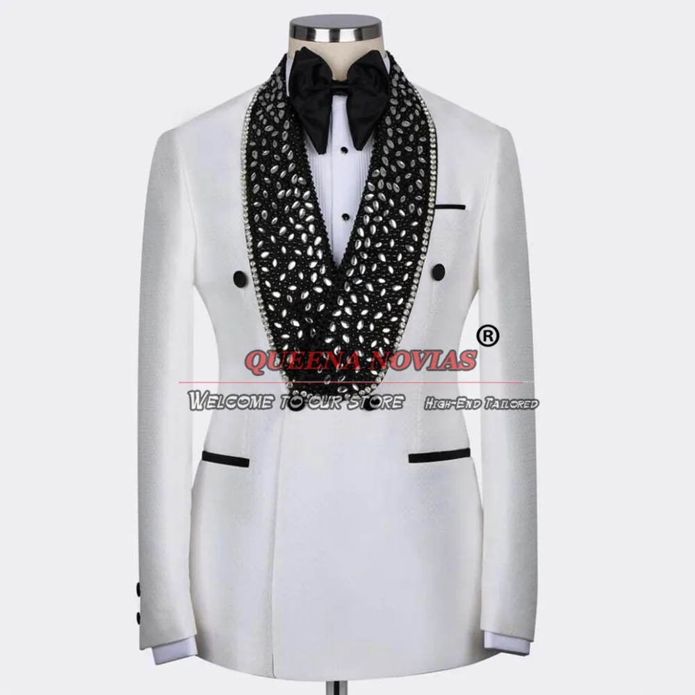 White Groom Wedding Tuxedo Pro Exclusive Embellished Jewelries Men's Suits Luxury Black Peaked Lapel Jacket Pants 2 Pieces Dress