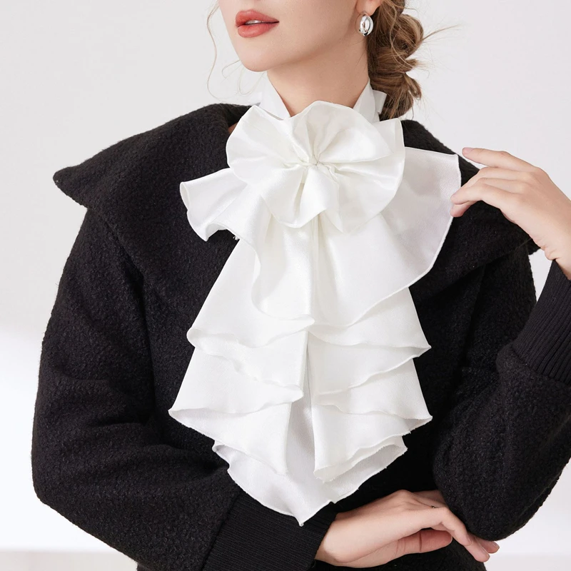 قميص أنيق متعدد الطبقات مكشكش مزخرف بياقة وهمية وغطاء للرقبة قابل للفصل وربطة عنق فستان إكسسوار زي #1