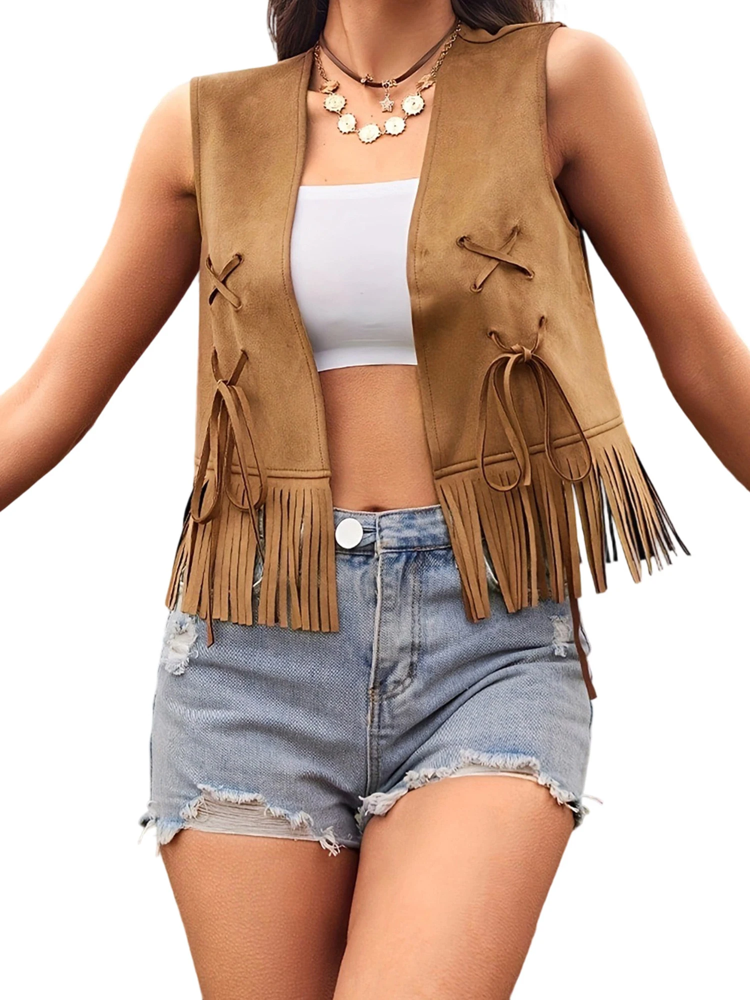 

Women Vest Sleeveless Open Front Tasseled Solid Outwear Gilet for Casual Street