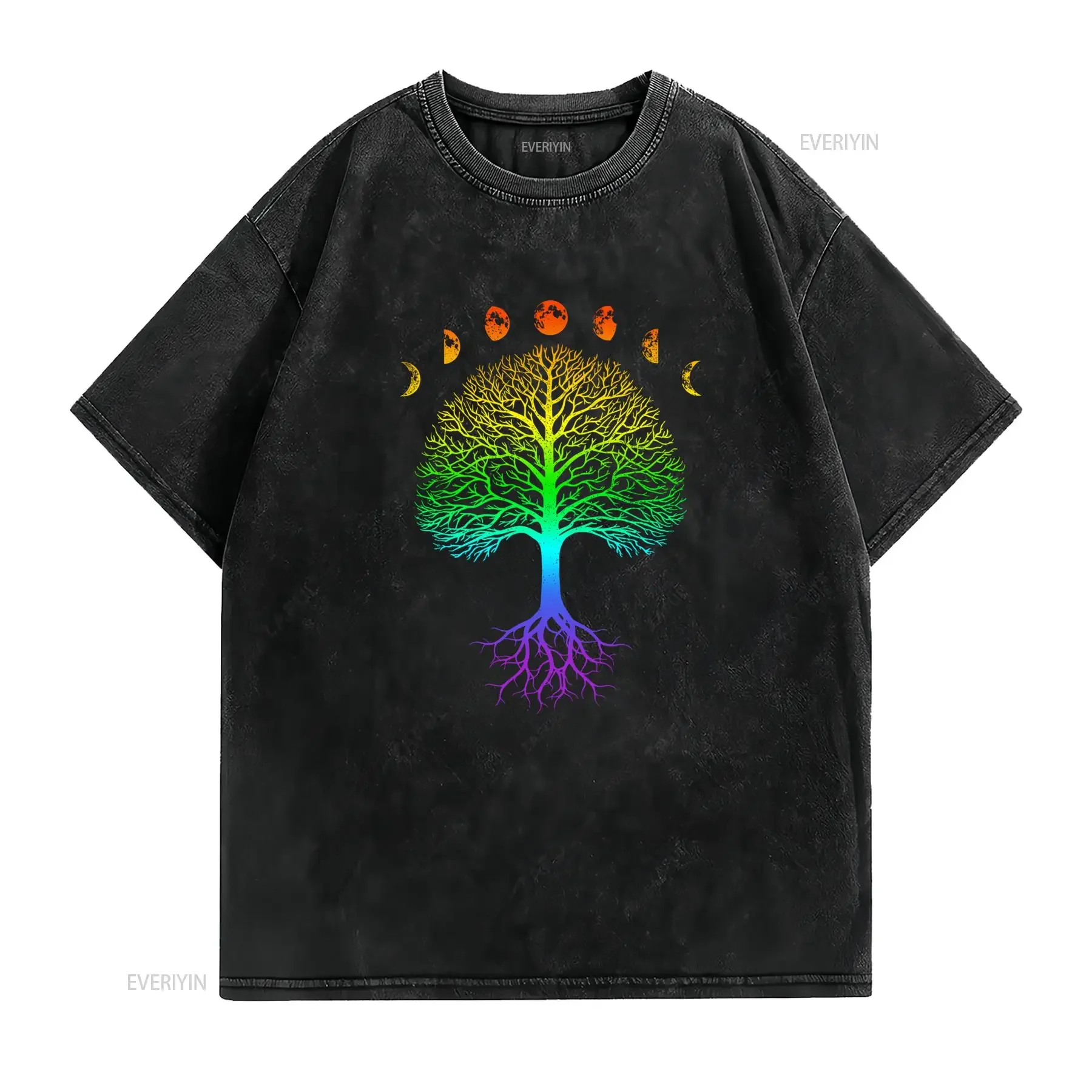 Bohemian Psychedelic Tree of Life Moon Phase Rainbow Gradient Print Casual T Shirt vintage Washed Unisex Stretched Stylish
