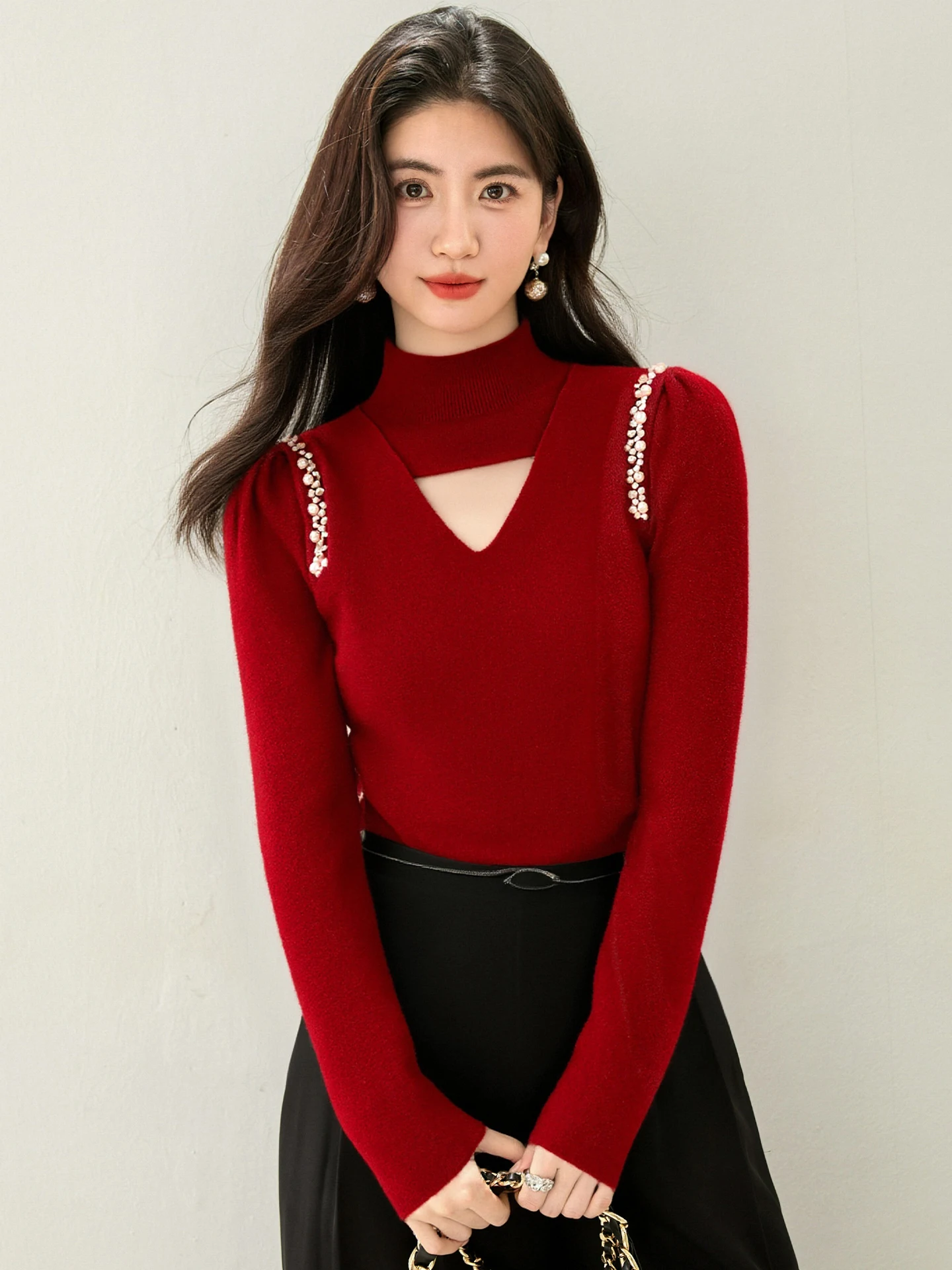 フレンチスタイルモックネックレッドニットプルオーバーセーターボトミングシャツ女性秋冬エレガントスリム中空ニットウェア9689