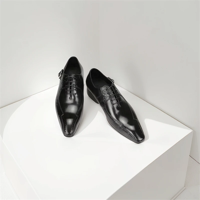 فستان أحذية الرجال جلد العجل الدانتيل يصل مشبك حزام أسود أشار تو أحذية الزفاف الرسمية الأعمال اليدوية #3
