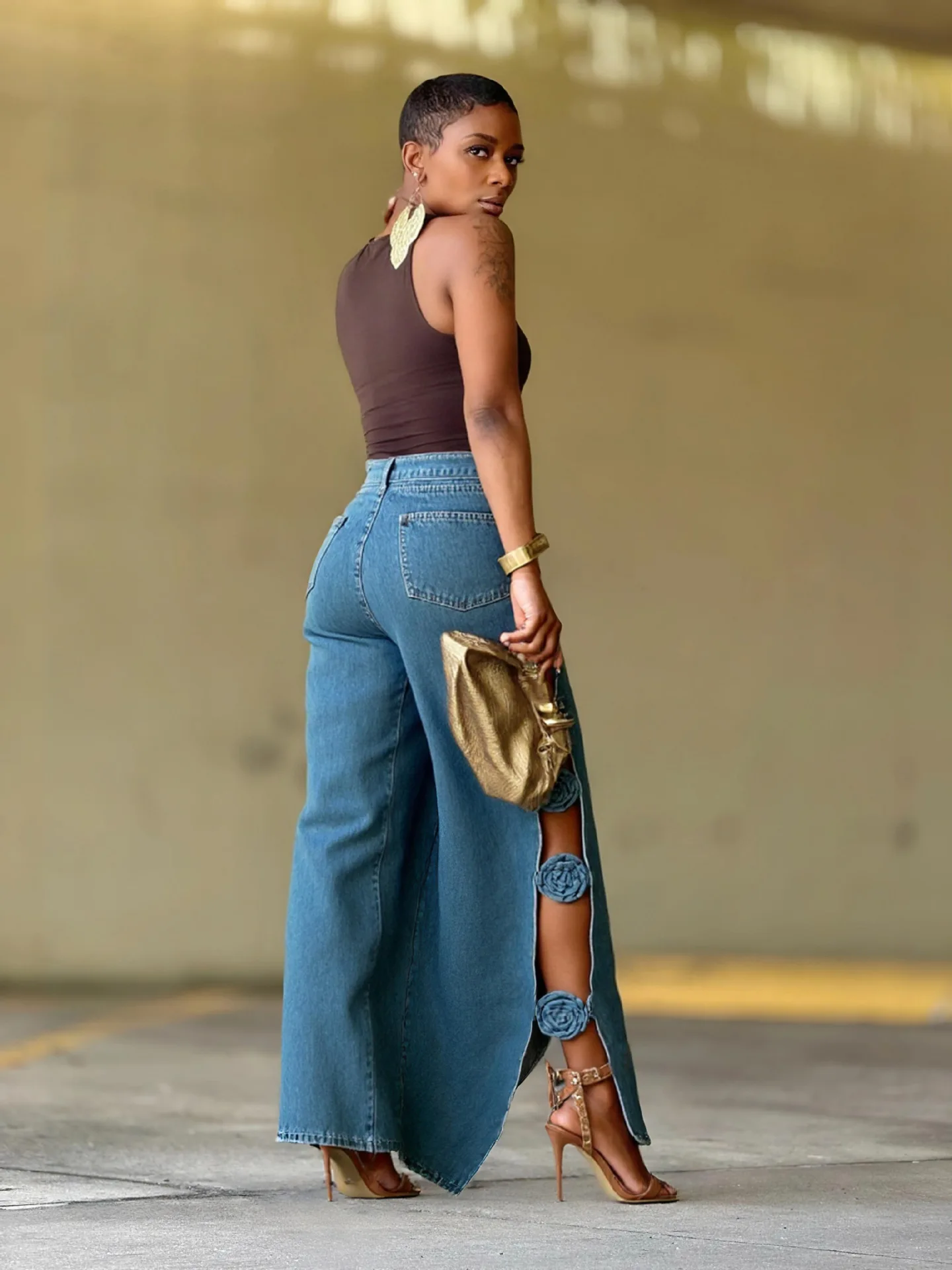 Denim Jeans Women Cut Out Side Slit Pants 3D Rose Zipper Fly High Waist Full Lenth Wide Leg Pant Y2K Streetwear 2025 Summer