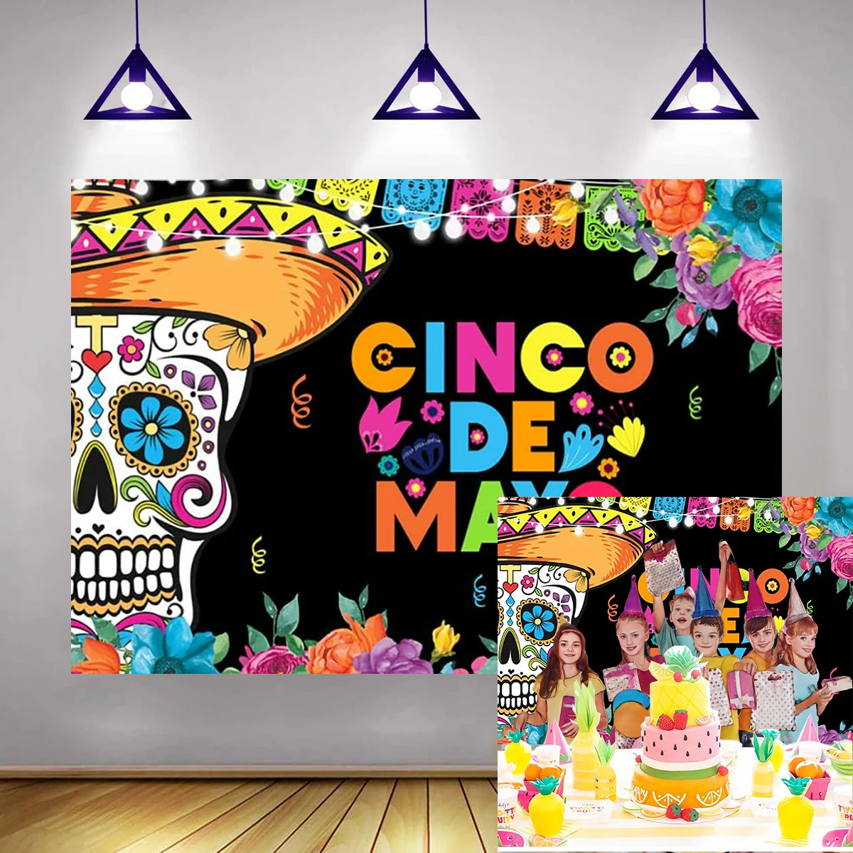 7x5ft Mexican Let's Fiesta Backdrop Cinco De Mayo Floral Carnival Holiday Celebration Day of The Dead Party Supplies Background