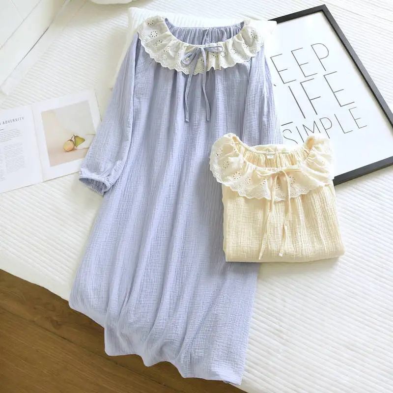 1 Piece Women's Sleep Dress 1 Piece Women's Nightgown |   Cute Casual Girly Style |   Double-Layer Cotton Gauze Long Sleeve Loos