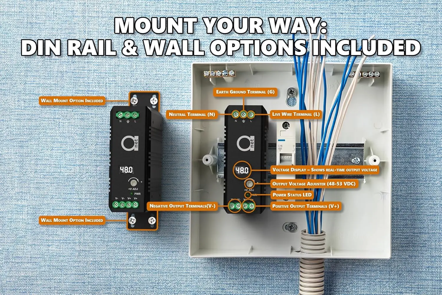 مصدر طاقة للسكك الحديدية 48 فولت DIN 120 وات، 2.5 أمبير، قابل للتعديل 48-52 فولت، مع توزيع تيار مستمر وشاشة LED، ألومنيوم بدون مروحة، -40 ° ج إلى +85 ° ج